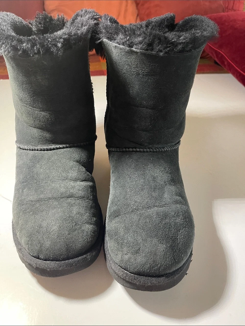 UGG Black Suede Short Boots with Ribbon Detail